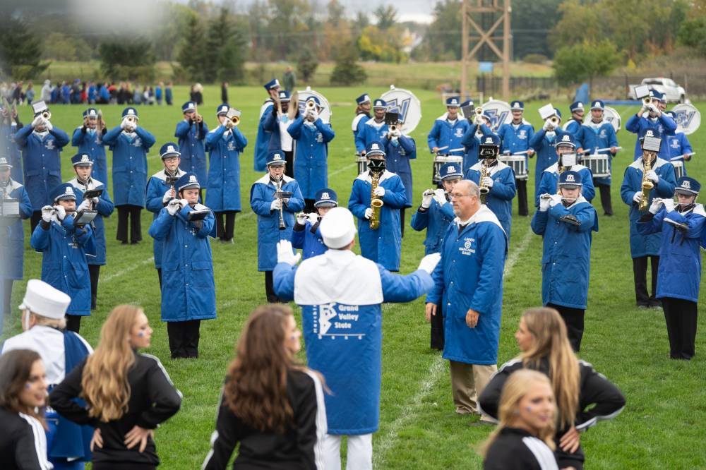 The Laker Marching Band performs for the Alumni at the Alumni Homecoming Tailgate.